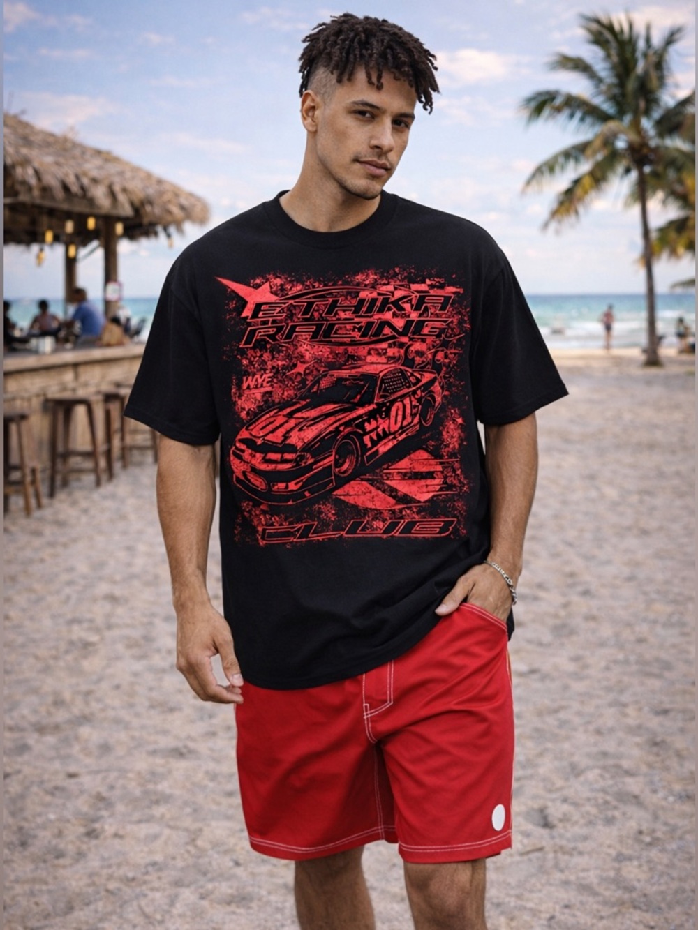 ethika Black T‑Shirt with Red Racing Graphic